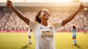 A triumphant female soccer player standing on a soccer field with a large crowd cheering behind her. The sun is shining brightly and casting a golden glow