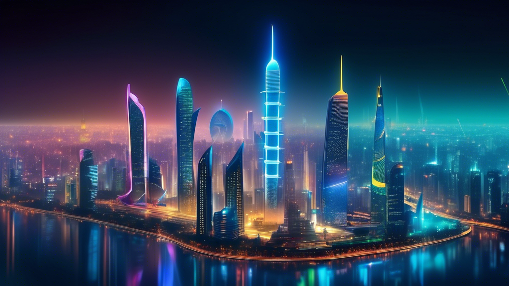 A futuristic cityscape with sleek, towering skyscrapers and neon lights, symbolizing the changing landscape of technology and innovation in Vietnam, repres