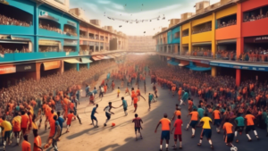 A panoramic view of a vibrant street filled with people playing football, transitioning into a grand stadium hosting a professional football match, showcas