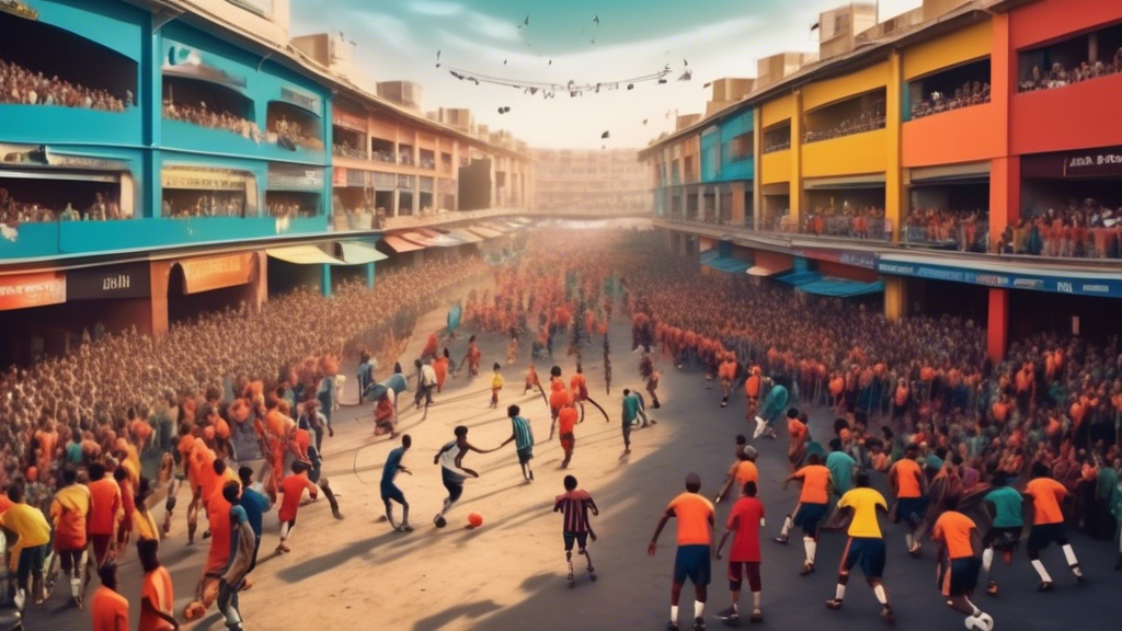 A panoramic view of a vibrant street filled with people playing football, transitioning into a grand stadium hosting a professional football match, showcas